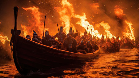 Up Helly Aa (Shetland, Scotland) - A fire festival featuring torchlight processions and burning a Viking longship.の素材