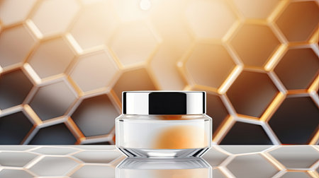 Anti-aging cosmetic product template with light effect. Facial moisturizer cream jar is displayed in front of geometric hexagon background.の素材