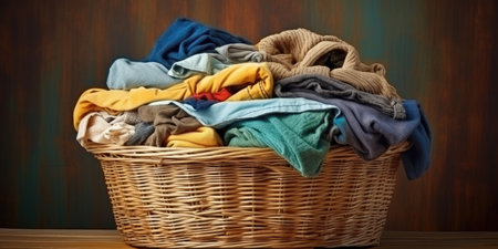 Abstract The basket with not folded clothes, clothes are not washの素材