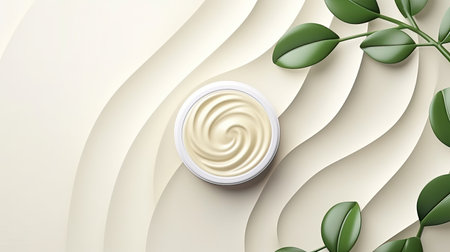 Ad banner for simple beauty products, mock-ups decorated with natural leaves and cream strokes, concept of organic skincareの素材