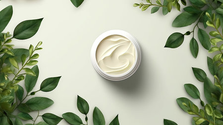 Ad banner for simple beauty products, mock-ups decorated with natural leaves and cream strokes, concept of organic skincareの素材