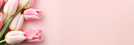 Beautiful tulips on pastel color background. Banner design with space for textの素材