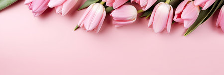Beautiful tulips on pastel color background. Banner design with space for textの素材