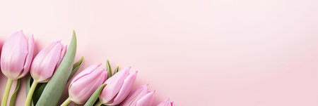 Beautiful tulips on pastel color background. Banner design with space for textの素材
