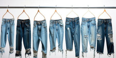 Blue jeans shirt and shorts jeans on hanging and blue torn jeans isolatedの素材