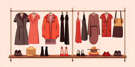 Clothes hanger with different casual woman clothes, footwear. Wardrobe. Vector illustration in flat style.の素材