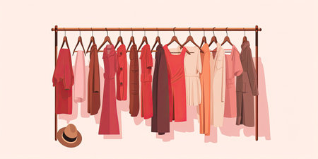 Clothes hanger with different casual woman clothes, footwear. Wardrobe. Vector illustration in flat style.の素材