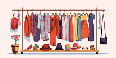 Clothes hanger with different casual woman clothes, footwear. Wardrobe. Vector illustration in flat style.の素材