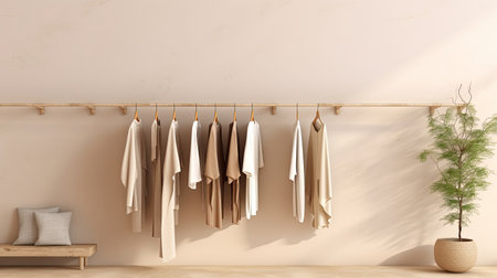 Clothes on grunge background, shelf on cream background. Collection of clothes hanging on a rack in neutral beige colors, store and bedroom conceptの素材