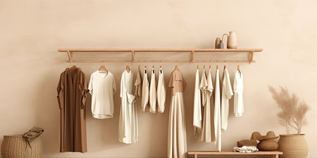 Clothes on grunge background, shelf on cream background. Collection of clothes hanging on a rack in neutral beige colors, store and bedroom conceptの素材