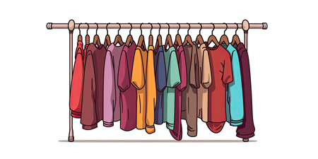 Clothes hanger with different casual woman clothes, footwear. Wardrobe. Vector illustration in flat style.の素材