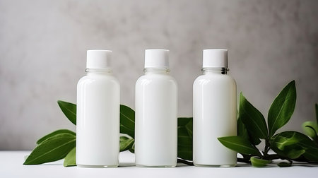 Cosmetic bottle containers with green herbal leaves, Blank label for branding mock-up, Natural beauty product concept.の素材