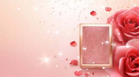 Cosmetic design template on glitter and rose background.の素材