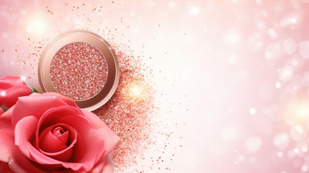 Cosmetic design template on glitter and rose background.の素材