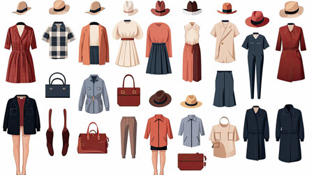 Fashion clothes set. Garment, accessory for men, women. Different apparel collection. Modern casual dress, pants, jacket, shoes and bags. Flat graphic illustration isolated on white background.の素材