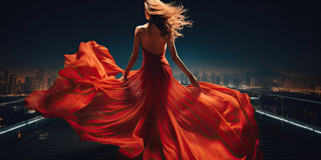 Fashion Woman in Red Fluttering Dress Back Side Rear View. Glamour Model dancing with Long Silk Fabric flying on Wind over Night Sky City Light Landscapeの素材