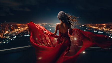 Fashion Woman in Red Fluttering Dress Back Side Rear View. Glamour Model dancing with Long Silk Fabric flying on Wind over Night Sky City Light Landscapeの素材