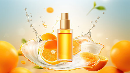 Vitamin C essence ads with translucent sliced orange and droplet bottleの素材