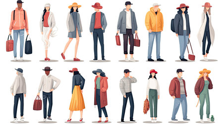 Men and women fashion clothing accessories, hats, footwear. Summer or winter outfits, fashionable casual clothes, shoes, and bags set. Wardrobe for male and female charactersの素材