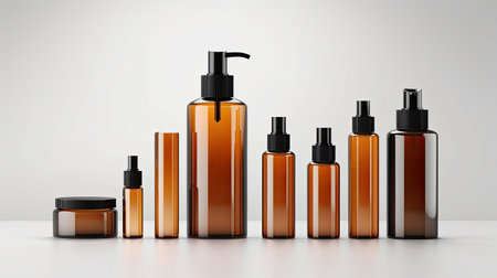Mock up Realistic Glossy Amber Transparent Glass Cosmetic Soap, Shampoo, Cream, Oil Dropper and Spray Bottles Set With Black Cap for Skincare Product Background Illustrationの素材