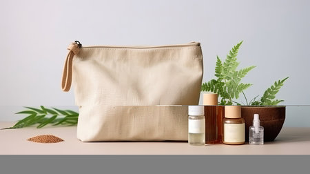 Open eco-friendly cotton reusable bag with different containers from natural wood and brown glass.Fresh natural leafs around. Concept of organic,zero waste cosmetics. Woman bag with accessories.の素材