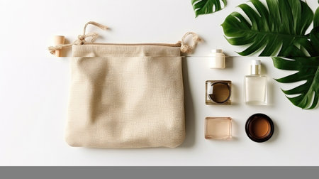 Open eco-friendly cotton reusable bag with different containers from natural wood and brown glass.Fresh natural leafs around. Concept of organic,zero waste cosmetics. Woman bag with accessories.の素材