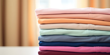 Stack of colorful clothes. Pile of clothing on table empty space background. Laundry and household.の素材