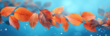 Beautiful autumn background with red-orange autumn leaves on a blue background with raindrops.の素材