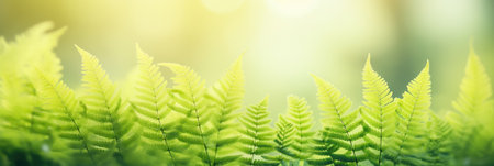 Beautiful natural background border with fresh juicy light green foliage of fern in sunlight in spring summer and defocused bokeh outdoors in natureの素材