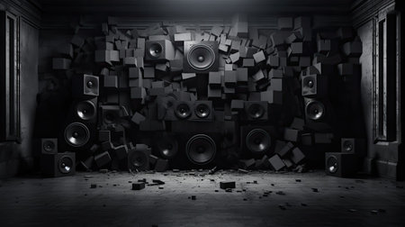 Black and wall breaks from sound with loudspeaker.の素材