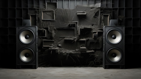 Black and wall breaks from sound with loudspeaker.の素材