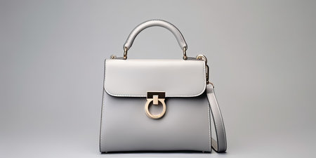 Beautiful trendy smooth youth women's handbag in gray color on a studioの素材