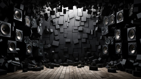 Black and wall breaks from sound with loudspeaker.の素材