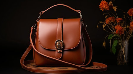 Beautiful trendy smooth youth women's handbag in brown color on a studioの素材