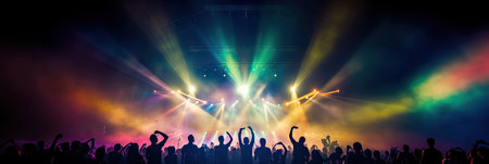 Concert crowd shadows against vibrant colorful stage lights. silhouette conceptの素材