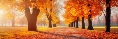Colorful bright autumn ultra-wide panoramic background with blurry red yellow and orange autumn leaves in the park.の素材