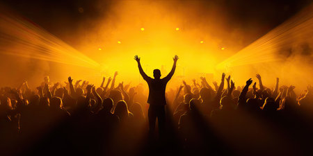 Concert crowd shadows against vibrant yellow stage lights. silhouette conceptの素材