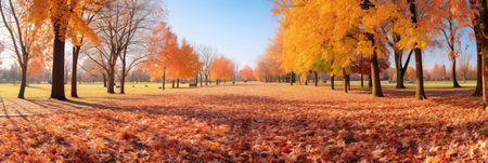 Colorful bright autumn ultra-wide panoramic background with blurry red yellow and orange autumn leaves in the park.の素材