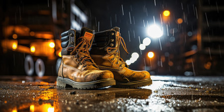 Construction worker's boots on wet ground with the construction site in the background illuminated at night. Ð¡onstruction labor, safety, and work-related themes.の素材