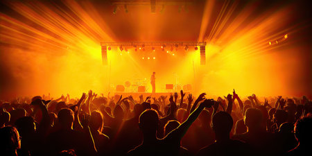 Concert crowd shadows against vibrant yellow stage lights. silhouette conceptの素材