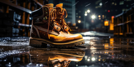 Construction worker's boots on wet ground with the construction site in the background illuminated at night. Ð¡onstruction labor, safety, and work-related themes.の素材