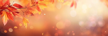 Colorful universal natural panoramic autumn background for design with orange leaves and blurred background.の素材