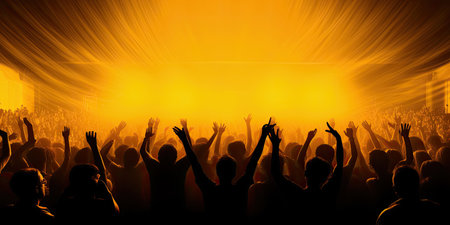 Concert crowd shadows against vibrant yellow stage lights. silhouette conceptの素材