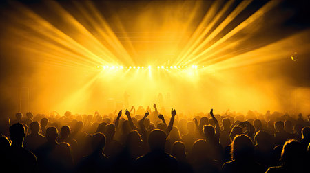 Concert crowd shadows against vibrant yellow stage lights. silhouette conceptの素材