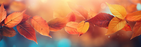 Colorful universal natural panoramic autumn background for design with orange leaves and blurred background.の素材
