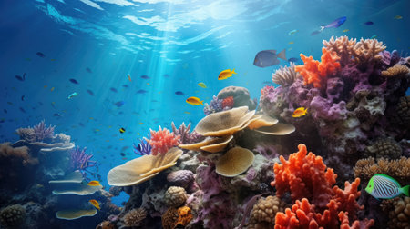 Diverse soft corals and a shoal of fish in a tropical reefの素材