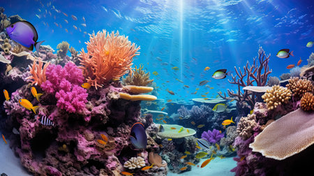 Diverse soft corals and a shoal of fish in a tropical reefの素材