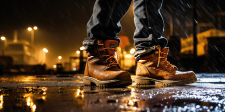 Construction worker's boots on wet ground with the construction site in the background illuminated at night. Ð¡onstruction labor, safety, and work-related themes.の素材