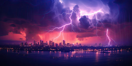 Lightning storm over city in purple lightの素材