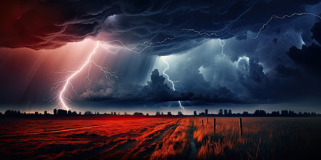 Lightning in dark cloudy sky during thunderstormの素材